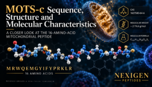 MOTS-c 16-amino-acid sequence and molecular characteristics graphic with CAS number, molecular weight and formula