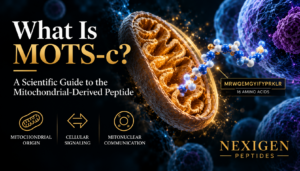 MOTS-c mitochondrial-derived peptide graphic showing mitochondrial origin, cellular signaling and mitonuclear communication