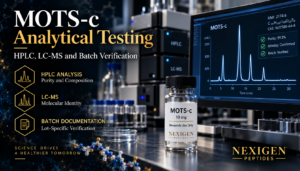 MOTS-c analytical testing graphic showing HPLC, LC-MS, molecular identity and batch verification