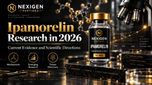 Featured image for Ipamorelin Research in 2026 showing scientific research themes, peptide visuals, and Nexigen branding