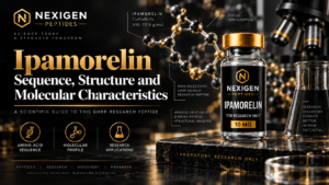Featured image for Ipamorelin sequence and structure showing molecular visualization, peptide science graphics, and Nexigen branding
