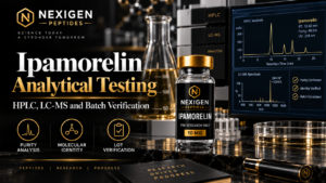 Featured image for Ipamorelin analytical testing showing laboratory equipment, HPLC and LC-MS testing concepts, and Nexigen branding