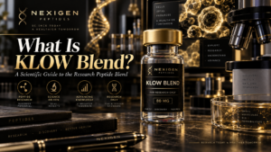 Klow Blend research peptide blend featured image with Nexigen Peptides vial and scientific design elements