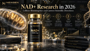NAD+ research in 2026 featured image illustrating cellular energy, metabolism and current scientific directions