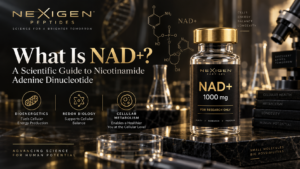 NAD+ scientific guide featured image showing cellular energy research concepts and Nexigen Peptides brandin