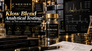 Klow Blend analytical testing featured image showing laboratory testing visuals and Nexigen Peptides vial