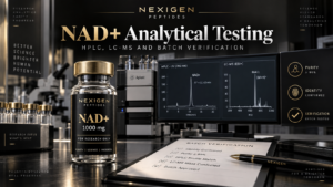 NAD+ analytical testing featured image showing HPLC, LC-MS and laboratory material verification concepts