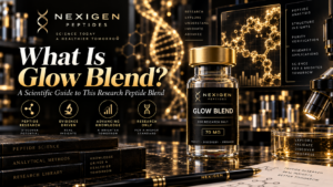 Glow Blend research peptide featured image with Nexigen vial and scientific peptide research design