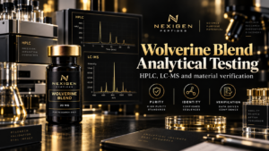 Featured image for Wolverine Blend analytical testing showing Nexigen Wolverine Blend vial with HPLC and LC-MS laboratory research visuals