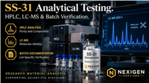 SS-31 analytical testing graphic showing HPLC, LC-MS, molecular identity and analytical verification