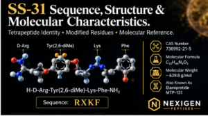 SS-31 elamipretide tetrapeptide structure graphic showing sequence, molecular formula and molecular weight